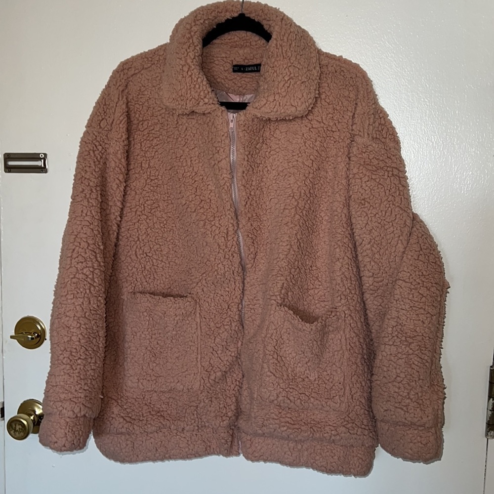 ZAFUL X Yasmine Bateman Pocket Zipper Drop Shoulder Fluffy Teddy Coat - Pink L - Picture 8 of 11